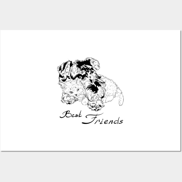 Sweet dog with cute kitten hand drawing Wall Art by kavalenkava